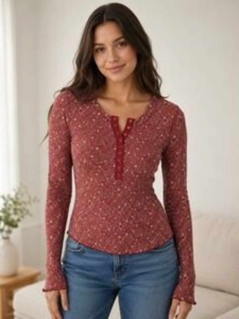 Natural Life Red Floral Thermal Henley